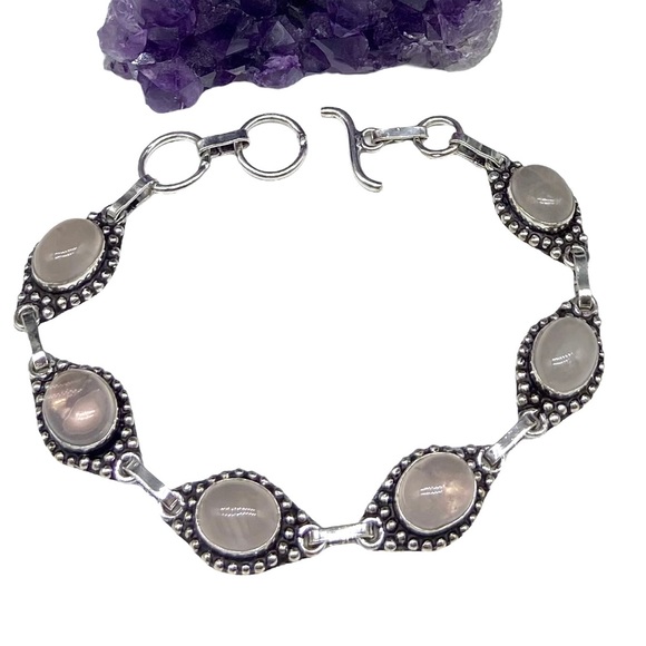 Artisan Jewelry - Rose Quartz Bracelet Natural Stone Adjustable Toggle Clasp Sterling Silver 925